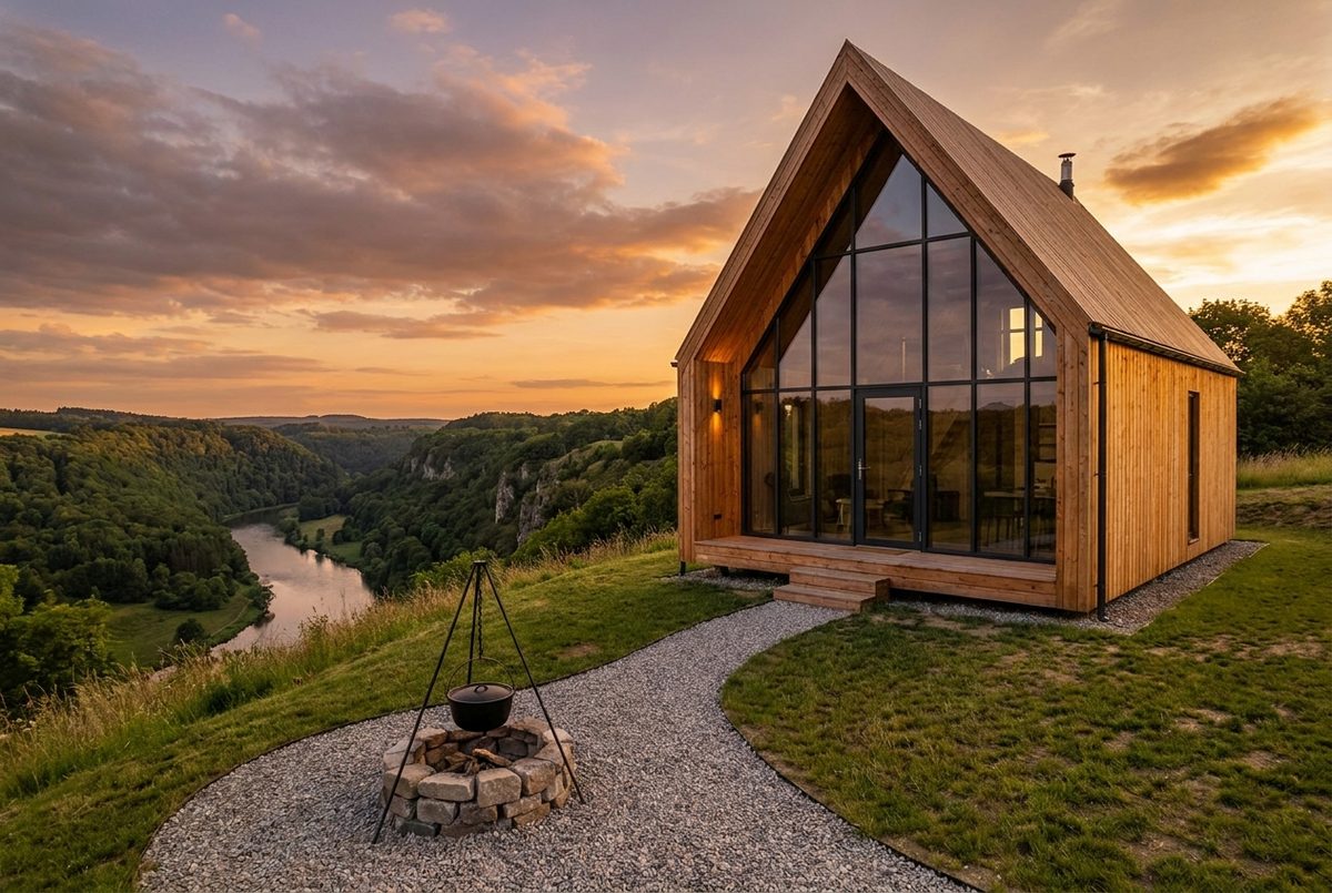 COLIBA 53 visualisation: natural-wood A-frame cabin overlooking the Danube